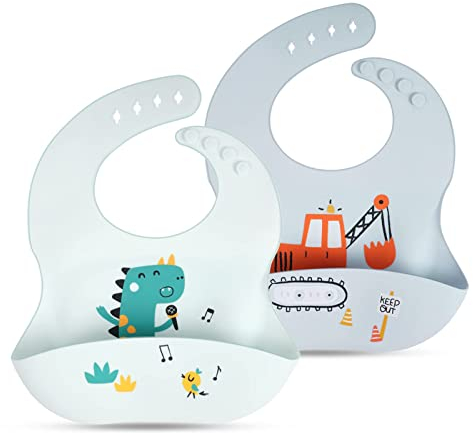 Vicloon Silikon Baby Lätzchen, 2 Stück Baby Lätzchen mit Auffangschale, BPA Frei, Einfache Reinigung, Wasserdicht Silikon-lätzchen für Jungen Mädchen, Dinosaurier-Baufahrzeug(Grau)