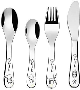 aplusashop ID Ernesto Kinderbesteck mit Gravur nach Wunsch 4-teilig Edelstahl 3 Varianten (Safari)