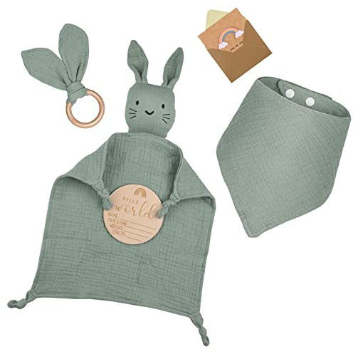 LAFERKA Neugeborenen Geschenk Junge | Zur Geburt Für Mädchen | Geschenkset mit 100% Baumwolle Schmusetuch+Lätzchen +Beißring+Baby Holzschild