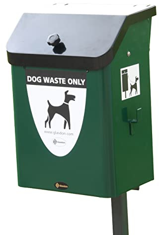 Glasdon Metal Fido 35L Dog Waste Bin (Green or Red) with Graphics – 35 Litre Dog Poo Bin with Post Mounting Fixing Kit – Hygienic Pet Waste with Dog Lead Hook (Deep Green)