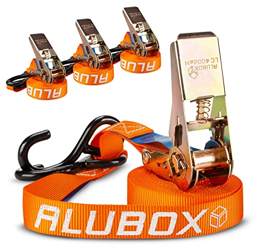 Alubox Spanngurt mit Ratsche und S-Haken 25mm breit orange Belastbarkeit 400kg Ratschengurt TÜV G/S geprüft - Länge 4,5m - 4 Stück