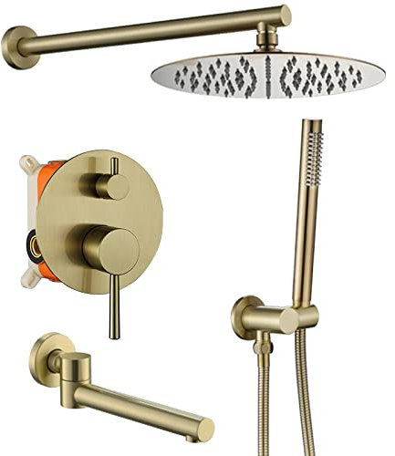 XJTNLB Grifo Ducha Empotrado Dorado Cepillado, Columna Ducha Monomando con Rociador Ducha Efecto Lluvia 3 Función