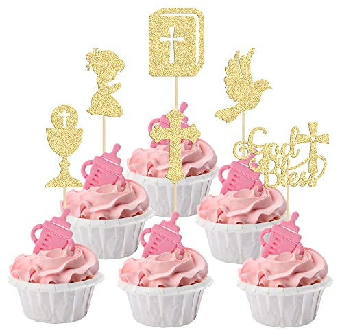 Gyufise 24Pcs Girl God Bless and Baptism Cupcake Toppers Glitter Dove Chalice Bible Cross Cupcake Picks First Communion Christian Baptism Theme Baby Shower Girls Birthday Party Cake Decorations Gold