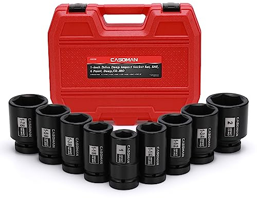 CASOMAN 2,5 cm Antriebsspindel-Achsmutter-Schlag-Steckschlüssel-Set, 9-teilig, 1 Zoll - 2 Zoll, 6-kant, SAE, CR-MO, tief, 2,5 cm - 5,1 cm