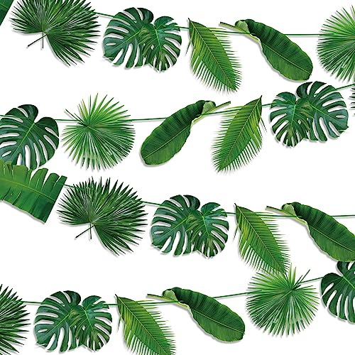 Palm Leaves Party Decorations - 3 Pcs Tropical Leaves Banners, Green Artificial Garland for Hawaiian-Themed Jungle Supplies