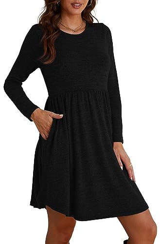Albe Rita Herbst Kleider für Frauen 2023 Langarm Kleider Empire-Taille Pulloverkleid Winterkleid mit Taschen, Schwarz, Mittel