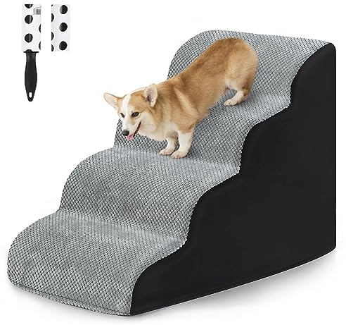 4 Stufen Hundetreppe für Bett und Sofa, LIANTRAL Haustiertreppe mit strapazierfähigem hochdichtem Schaumstoff und waschbarer Bezug und Tierhaarentferner-Rolle,Grau und Schwarz