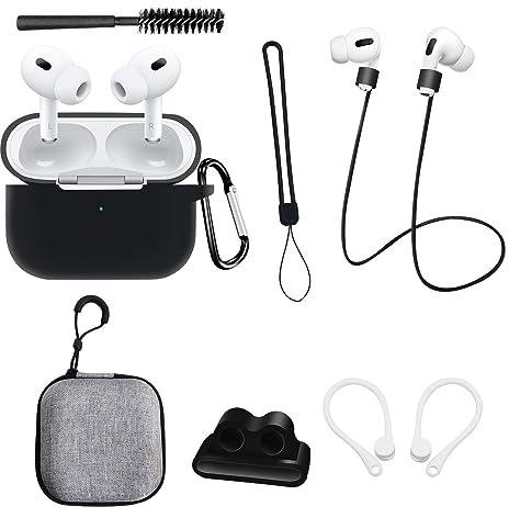 Custodia in Silicone Protettiva per AirPods Pro 2 Generazioni: AIYAAIYA Set di Accessori per Apple AirPod 8 in 1 con Supporto per Cinturino dell'orologio/Spazzola per la Pulizia/Portachiavi (Nero)