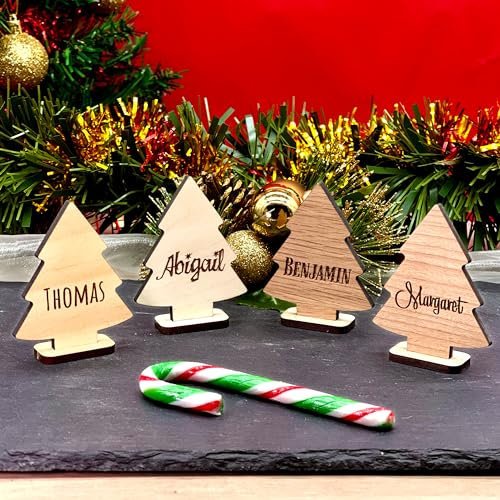 Personalised Christmas Tree Place Settings, Wood engraved names on stand. Rustic customised seat cards festive table decorations