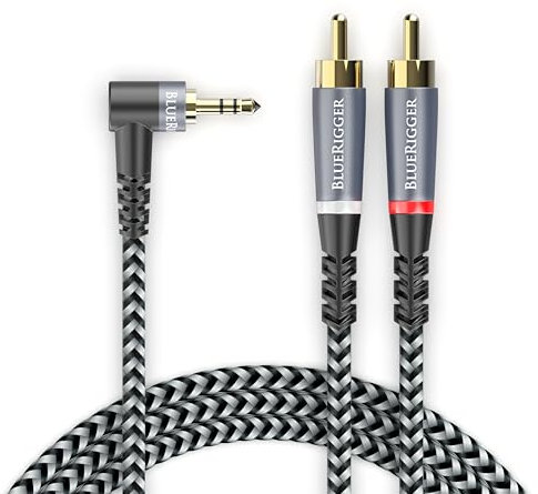 BlueRigger 3.5mm to RCA Audio Cable, 5M - (90 Degree Male Stereo RCA to AUX, 2 RCA Y Splitter Cord, 2RCA Headphone Jack Adapter) - Compatible with Phone, MP3, HDTV, Laptop, Home Theater, Speaker