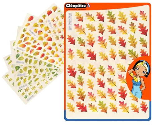 CLEOPATRE – Gommettes Autocollantes feuilles d'arbres printemps/automne – 2 couleurs – Paquet de 24 feuilles (1428 stickers)