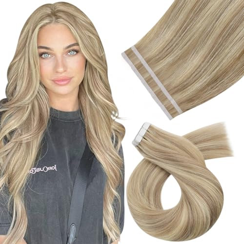 Moresoo Tape in Extensions Echthaar Goldblond Highlight Hellblond Haarverlängerung Echthaar Extensions Tape 55cm Invisible Tape Extensions Remy Haar #16/22 25g