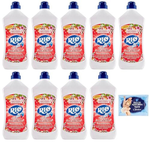 9er-Pack RIO Bum Bum Pavimenti, Bodenreiniger mit Alkohol, Pfirsichblüte Duft,1Lt + 1er-Pack Kostenlos Felce Azzurra Talkumpuder, 100g-Beutel