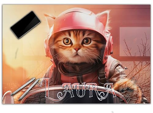 Gaming Schreibtischunterlage personalisiert mit Namen | wasserfeste Schreibunterlage, abwischbar, hochwertiges Acrylglas, Gamer Teenager Kunststoff | 60x40cm Katze