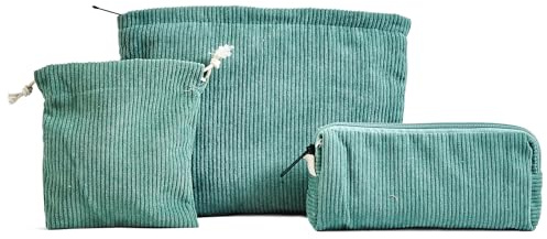 Sewokon 3 Stück Kosmetiktasche, Schminktasche klein, Reißverschluss, Kordsamt Kosmetiktasche, Travel Cosmetic Organizer für Damen & Mädchen, Grün