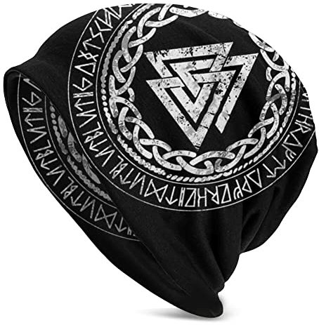JHBTFQ Wikinger Beanie-Mütze für Herren Damen Stricken Doppellagig Skullies Herbst Sommer Odin-Mythos Nordisches Geschenk,Valknut,One Size