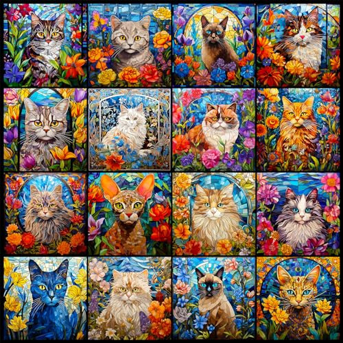 Bgraamiens Puzzle- Stained Glass Puzzle Cat Puzzles for Adults 1000 Pieces, Colorful Kitten Collage Puzzles 1000 Pieces,Challenging Jigsaw Puzzles for Adults