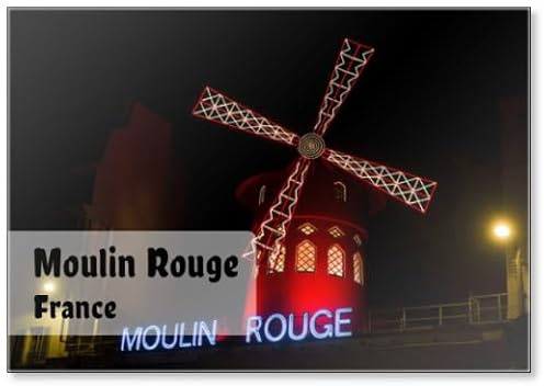 Kühlschrankmagnet Paris – Frankreich – Blick auf das berühmte Moulin Rouge (Die rote Mühle auf Englisch) Kabarett beleuchtet in der Nacht