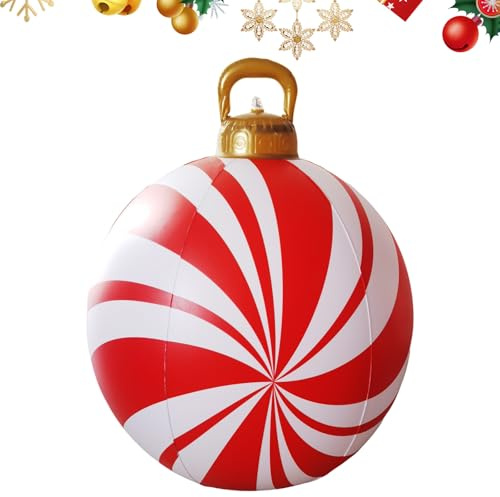 BRTNUP Weihnachten Aufblasbar Ball 60cm Riesen Weihnachtskugeln Große Weihnachtskugeln Ornamente PVC Aufblasbarer Weihnachtsball für Weihnachten Hof Veranda Garten (Rot Weiß A)