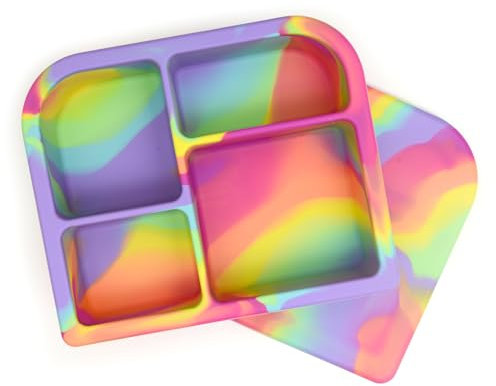 PrimaStella Snacktainer™ - Lonchera Bento de silicona con 4 compartimentos, a prueba de fugas, para niños y adultos, sin BPA (Rainbow Swirl)