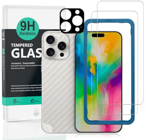 Ibywind 2 Pack Screen Protector Compatible with Apple iPhone 16 Pro 5G 6.3,9H Hardness Tempered Glass,With 1Pc Camera Lens Protector,1Pc Back Carbon Fiber Film,Easy to Install