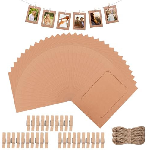 Henxing 30 Stück Braun Papier Fotorahmen, Papier-Bilderrahmen 11.5x15.5cm Fotorahmen aus Pappe, DIY Kreative Bildermatten Fotorahmens für Foto Netz Klassenraum mit Holzklammern und Hanfseil