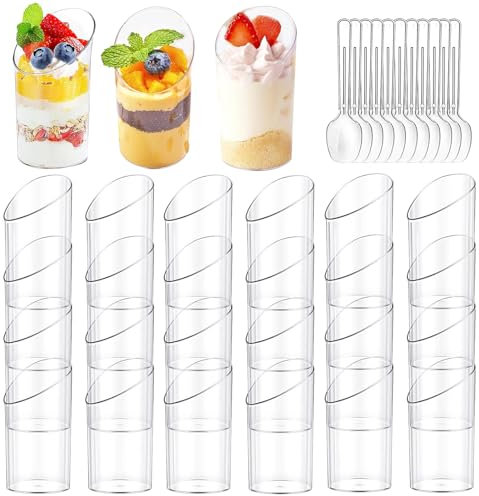 50 Pack Mini Dessert Cups, 75ml Angled Dessert Cups Dessert Bowls Individual Dessert Pots Reusable Slanted Appetizer Cups with Spoons for Party, Yogurt, Parfait, Pudding