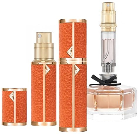 muilsae AB00OR Leather Refillable Perfume Atomiser 5ml, Bottom Fill Perfume Bottle, Portable and Leak-proof Suitable for Women and Men (Orange)