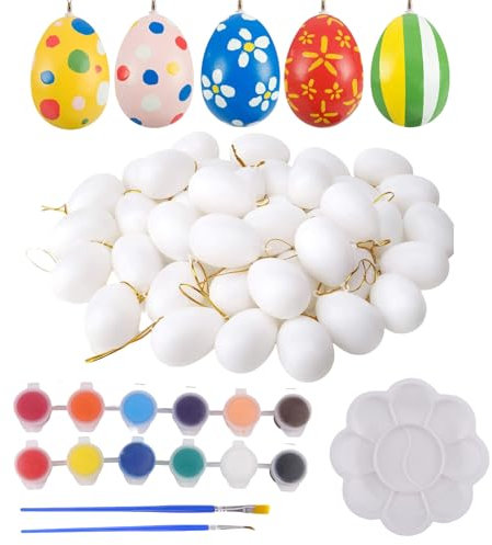 chenyu 20 Stück Weiße Ostereier Oster-Bastelset für Diy Ostereier zum Aufhängen 12 Pigment 2 Pinsel und 1 Malplatte Hängend Kunststoff eier Ostern zum Bemalen und Dekorieren zu Ostern