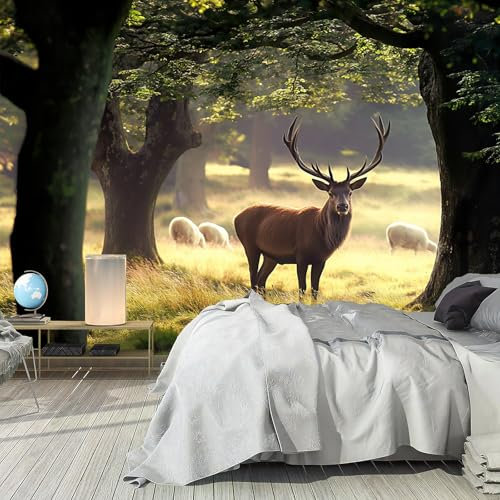 Fototapete Hirsch PVC Tapeten Moderne Wandtapete Wohnzimmer Schlafzimmer Wald Hirsch Tapeten Wohnzimmer Jugendzimmer Wanddeko Wandtattoo selbstklebende 380x280cm