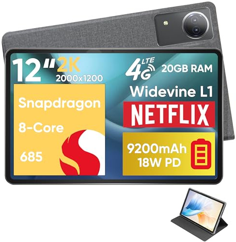 N-one Android Tablet,Qualcomm Snapdragon 8-Core 20GB 128GB 12 inch FHD Screen, Android 14 Tablets Unlocked 4G LTE SIM Cellular WiFi 9200mAh 18W Fast Charger