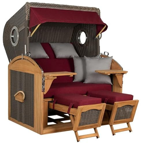 MR. DEKO® Strandkorb Schillig 2,5-Sitzer Teak | PE Geflecht Grey | Volllieger Strandstuhl mit Bullauge inkl. 2 Fußablagen | je 2 Kissen und Nackenkissen | Strandkörbe aus Teak Vollholz (Dessin 594)