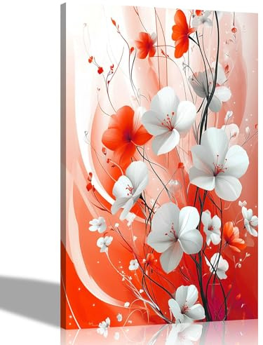 Artley Prints - Red White Abstract Flowers Canvas Wall Art For Living Room, Bedroom, Hallway Prints Ready to Hang Pictures 51 x 35cm (20 x 14 inches)