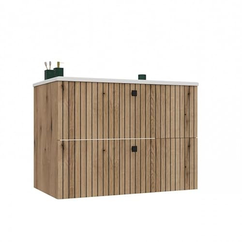 CDF Waschbeckenunterschrank mit Aufsatzwaschbecken Hängend 2X Schubladen | Badezimmermöbel mit Lamellenfronten und Griffen – Stauraum für Handtücher Kosmetik Badzubehör – Tigo 802S Eiche Evoke