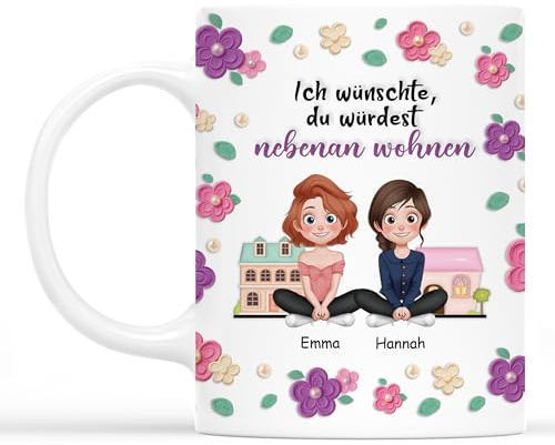 Geschenke Mall Tasse Personalisiert - Ich Wünschte Du Würdest Nebenan Wohnen Blumen Cartoon - Personalisierte Geschenke Beste Freundin, Tasse Freund Personalisiert (Modell #1)