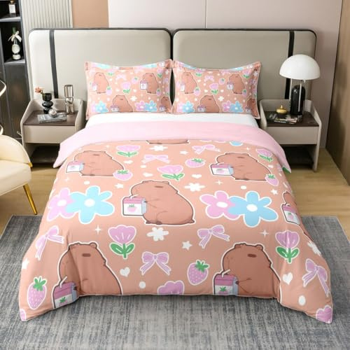 Homewish Kawaii Capybara Baumwolle Bettwäsche 135x200cm Mädchen Rosa Bogen bettbezug Set für Jugendliche Kinder,Rosa und Blaue Blumen Bettwäscheset Erdbeere bettset raumdekor