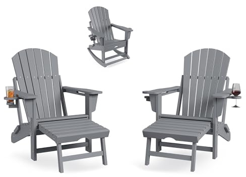 Garvee Adirondack Schaukelstuhl Für Garten & Terrasse–Klappbar, Mit Ausziehbarer Fußstütze, 2 Getränkehalter, Wetterfestes HDPE – Inkl. Ottoman – 2er Set