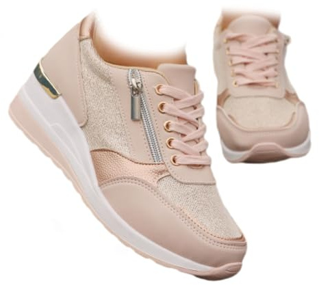 Baskets compensées pour femme, tendance, à paillettes, fermeture éclair latérale, chaussures de marche confortables à lacets légères