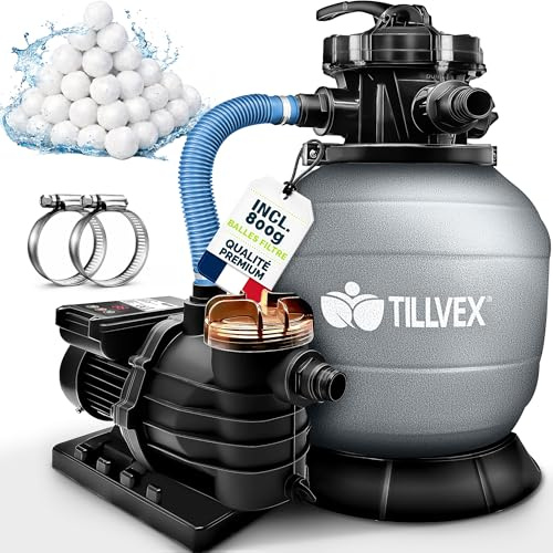 tillvex® Sandfilteranlage Pool mit Timer 10 m³/h + 800g Filterbälle | Filteranlage inkl. 7-Wege Ventil & 2in1 Adapter Ø32 - 38mm | Poolfilter mit Druckanzeige & Pumpe | Sandfilter Selbstansaugend