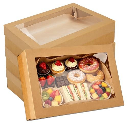 Cherypick 10 Pack Bakery Boxes with Window, 35 x 25 x 8cm Cookie Boxes, Extra Strong Cupcake Boxes, Pastry Boxes, Brown Treat Box for Gift Giving, Baking Pies, Cakes, Muffins and Desserts (Brown,M)