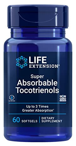 Life Extension Super Absorbable Tocotrienols, Vitamin E as D-Alpha tocopherol, Mixed tocotrienols, Support Hair Growth, Brain Function, Gluten-Free, Non-GMO, 60 softgels