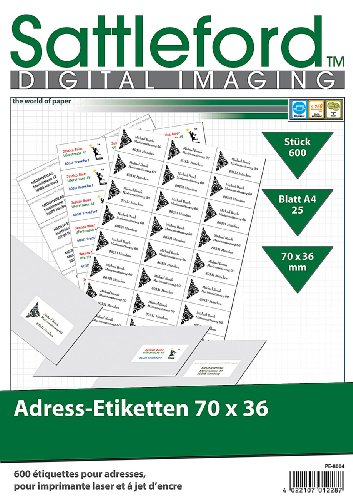 Sattleford Adressetikett: 600 Adress-Etiketten 70x36 mm Universal für Laser/Inkjet (Drucker-Etiketten, Marmelade-Aufkleber, Selbstklebende)