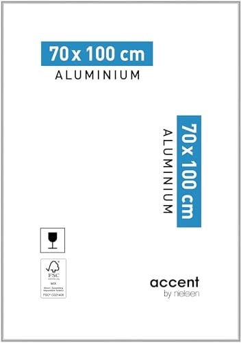 accent by nielsen Bilderrahmen, 70 x 100 cm, Aluminium, Silber glanz, Posterrahmen zum Aufhängen im Hoch- & Querformat, Echtglas, Accent