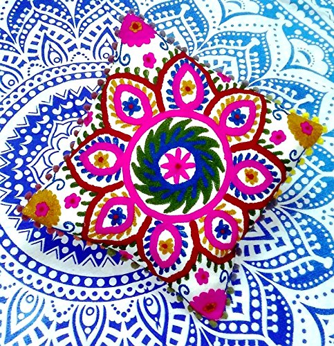 Traditional Jaipur Suzani Bestickt Kissenbezug, indisches Outdoor Kissen, 40,6 x 40,6 cm, POM POM Kissenbezug, Boho Kissen, für Sofa Dekoration, Kinderzimmer, Wohnzimmer, Deko etc.