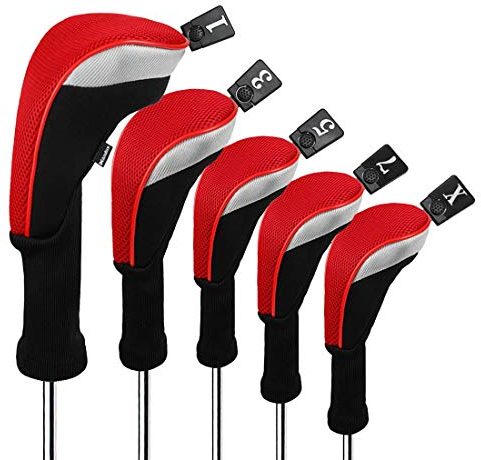 Andux 5pcs/Set Golf 460cc Driver Fairway Wood Club Head Covers Long Neck Black/Red