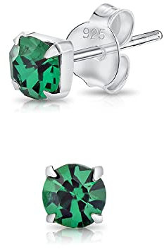 DTPsilver® MINI Boucles/Clous d'oreilles Carrés en Argent Fin 925 et Cristaux de Swarovski® Elements Ronds - Diamètre: 4 mm - Couleur: Emeraude