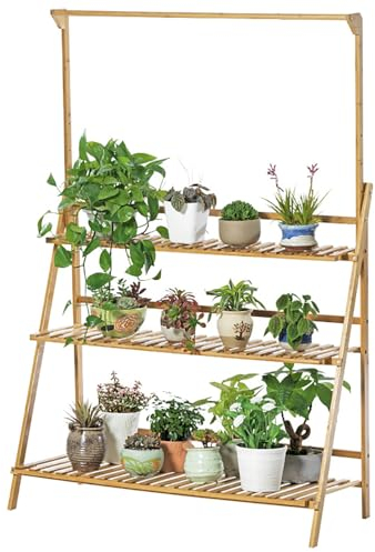UNHO Porte Plante à Suspendre Bambou, Étagère Plantes de 3 Niveaux avec Tige, Support Pot de Fleur Pliable, Idéal pour Maison Balcon Terrasse Jardin - 100x40x96cm