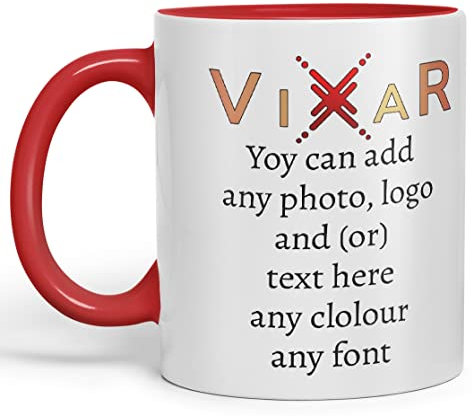 Vixar Personalised Coloured Inside Handle Mugs Cups 11oz, Your Photo Logo Text Design Gift (Red)