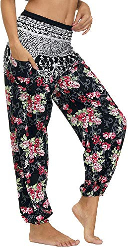 Nuofengkudu Damen Hippie Harems Hose Pumphose Haremshose Aladdinhosen Boho Gemustert Gesmockte Taille mit Taschen Yogahose Freizeithose Sommerhose Strandhose Rose Blumen