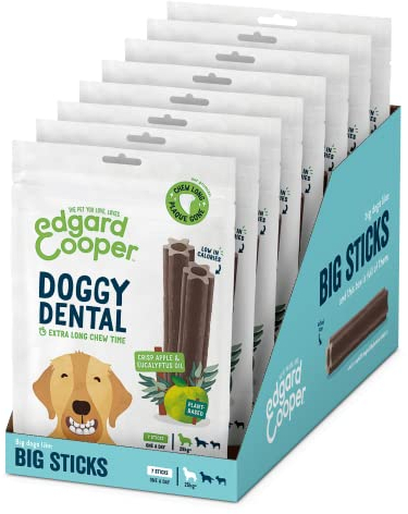 Edgard & Cooper Dental Stick para Perros Grandes 56 Barritas para la Higiene Oral Premios Natural Sin Cereales 7 Sticks x 8 Eucalipto & Manzana, Higiene Dental, Bajo en Calorías, Aliento Fresco